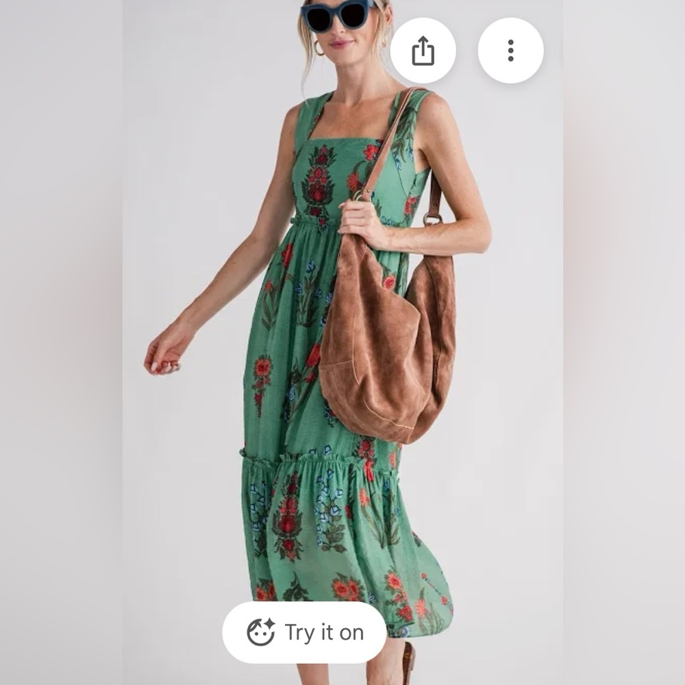THML Green Floral Midi Dress with Smocking & Ruffle Medium